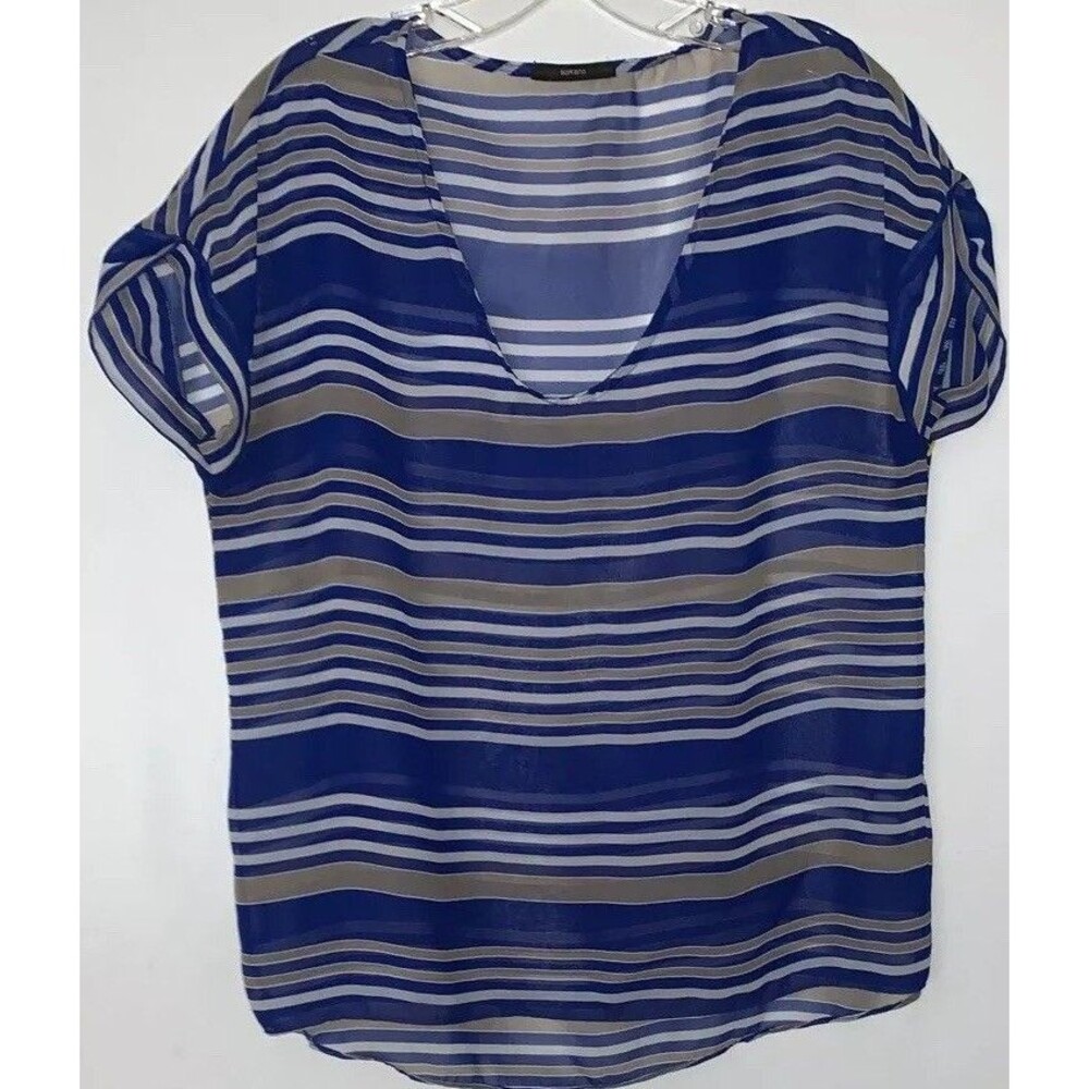 Soprano Semi Sheer Women Sz Med. Striped Pullover Shirt Blue, White, Beige
